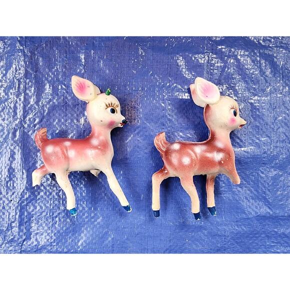 Vintage Antique Christmas Celluloid Reindeer Deer Doe Pair Set Of 2 DAMAGED - Picture 2 of 2